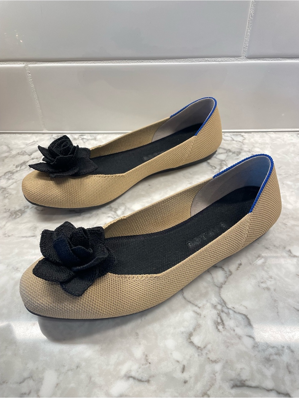 Rothy’s The Petal Square Flats Sand Soirée Tan Beige Black Flower 8